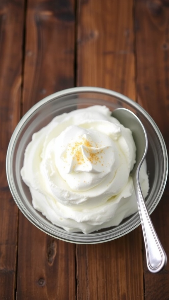 A bowl of fluffy whipped cream in a glass dish with a spoon, on a rustic wooden table.